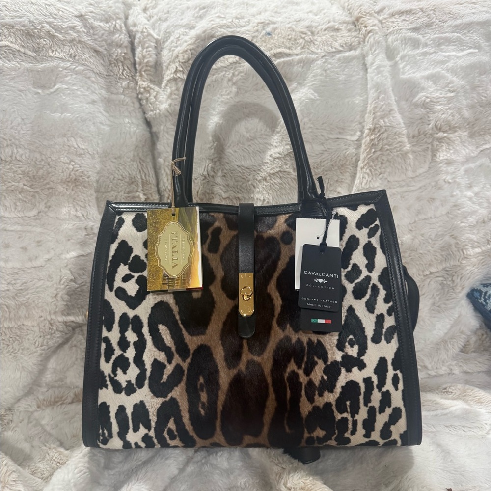 ❤️SOLD❤️ Cavalcanti Genuine Leather with Leopard Fur Print Purse Tote Bag